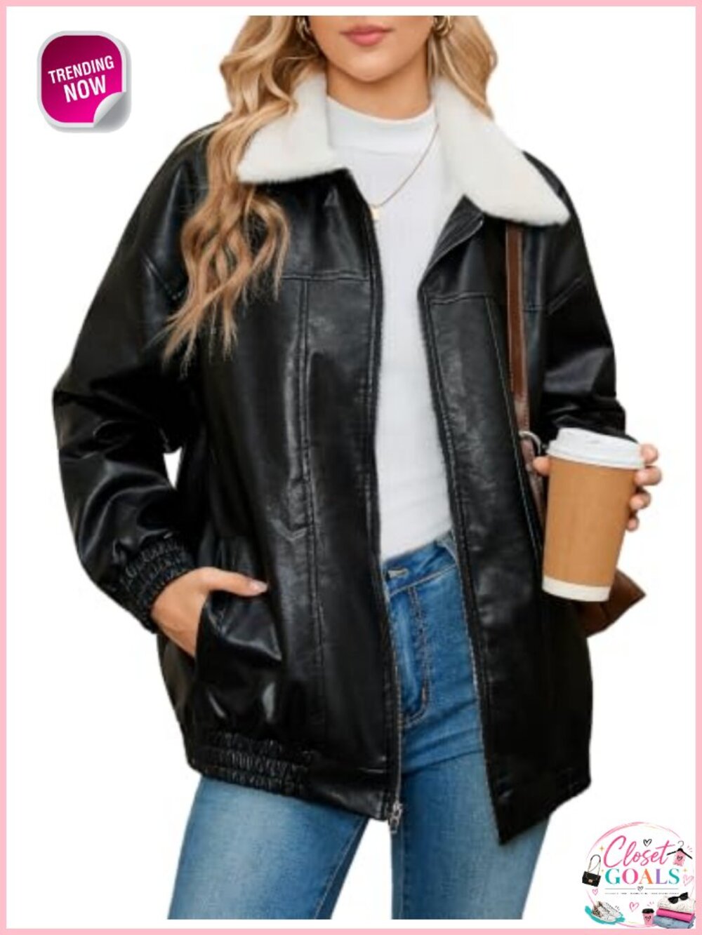WINDFIT Women's Faux Leather Jacket Fleece Lined Zip Ribbed Oversized Coat - Picture 1 of 6